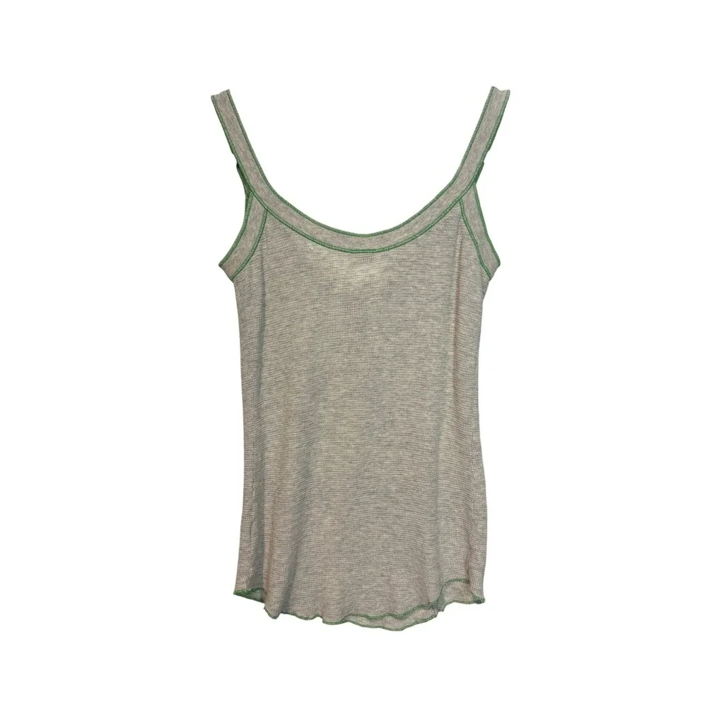 Free People Gray Waffle Knit Henley Tank Top Green Contrast Stitch Small